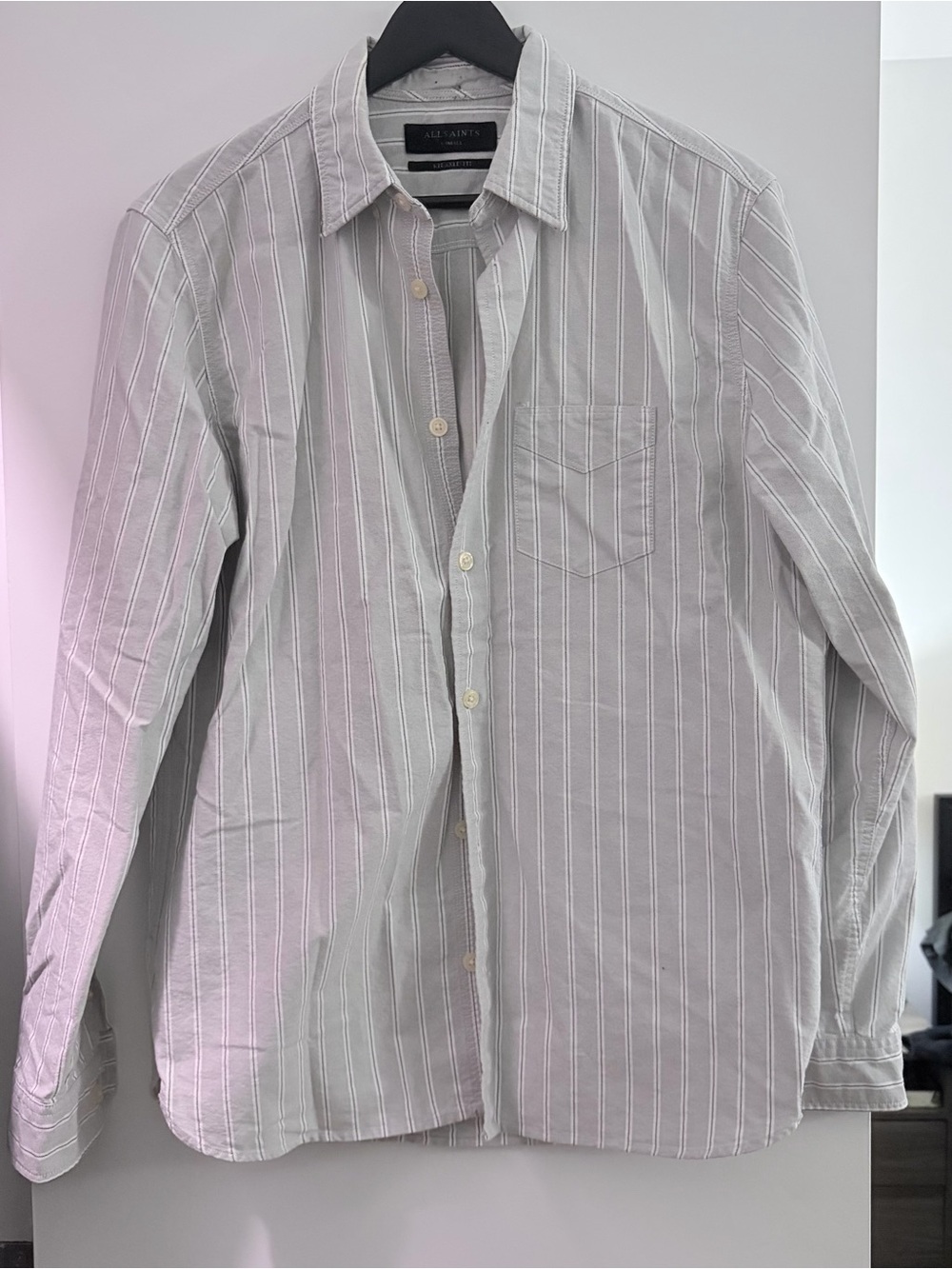 All Saints Men's Light Gray and White Vertical Stripe Button-Down Shirt
